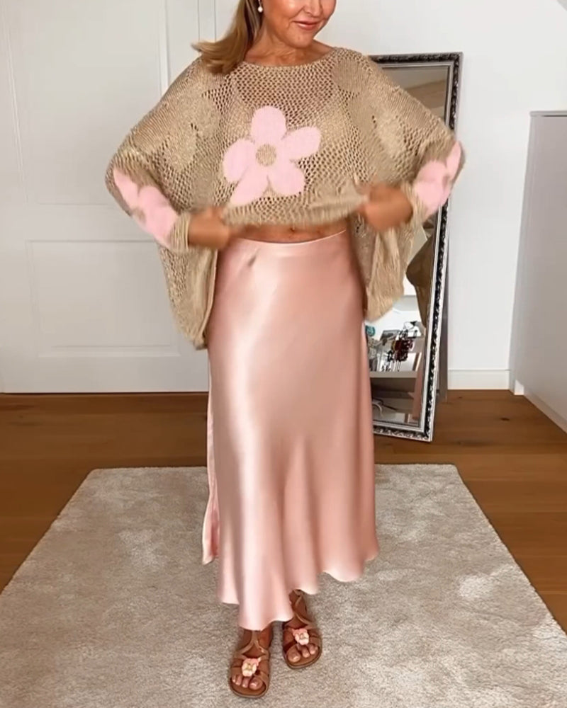 Sasha™ - Pull en maille fleurie à manches longues et ajourées