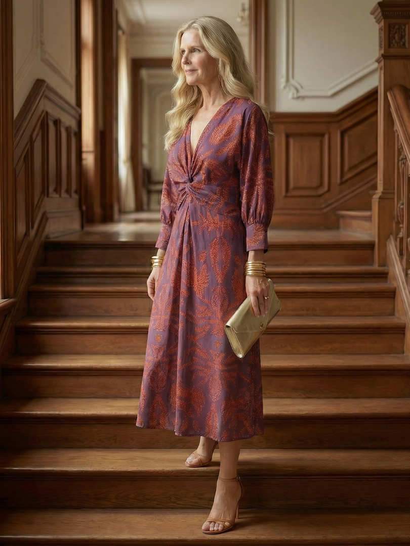 Falune™ - Robe femme midi croisée imprimée taille cintrée élégante