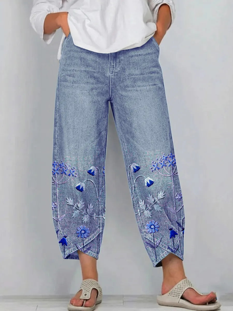Fiorixa™ - Pantalon femme denim broderie florale coupe droite casual