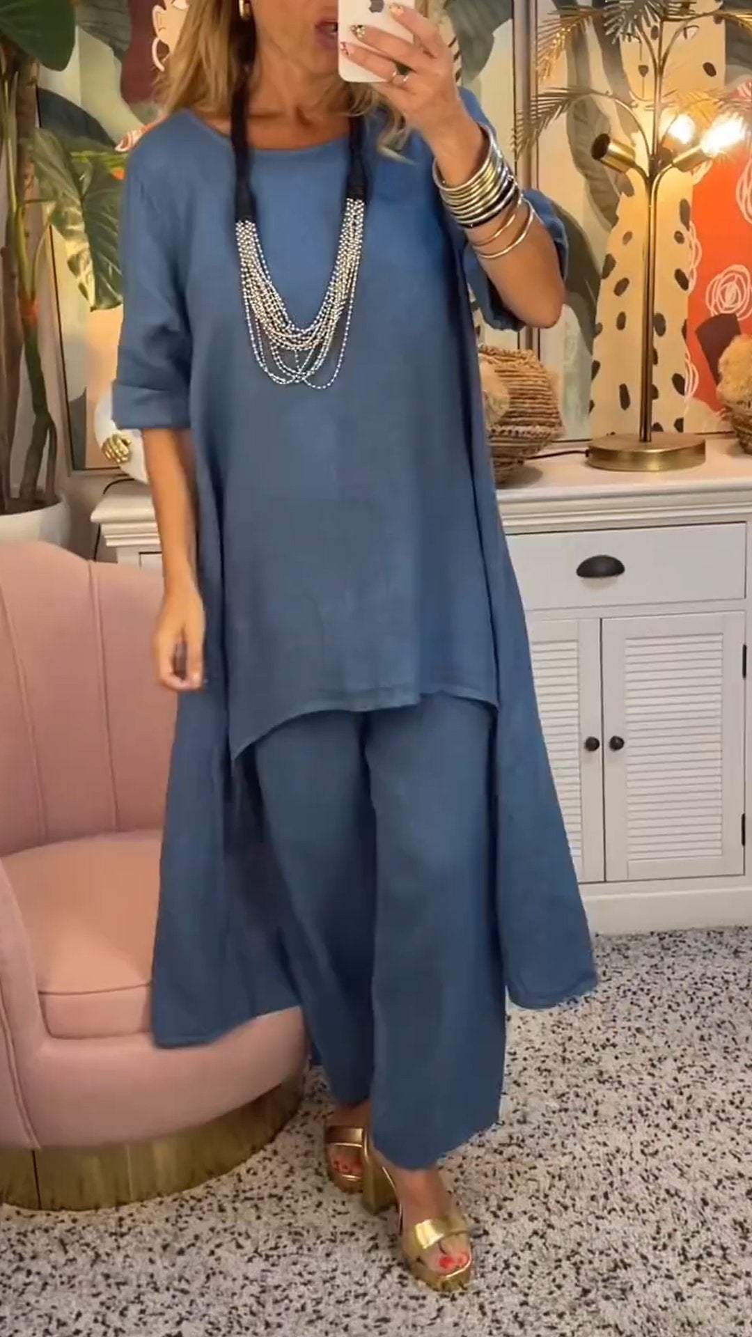 Melantha™ - Ensemble Deux Pièces Coton et Lin à Décolleté Rond Manches Longues