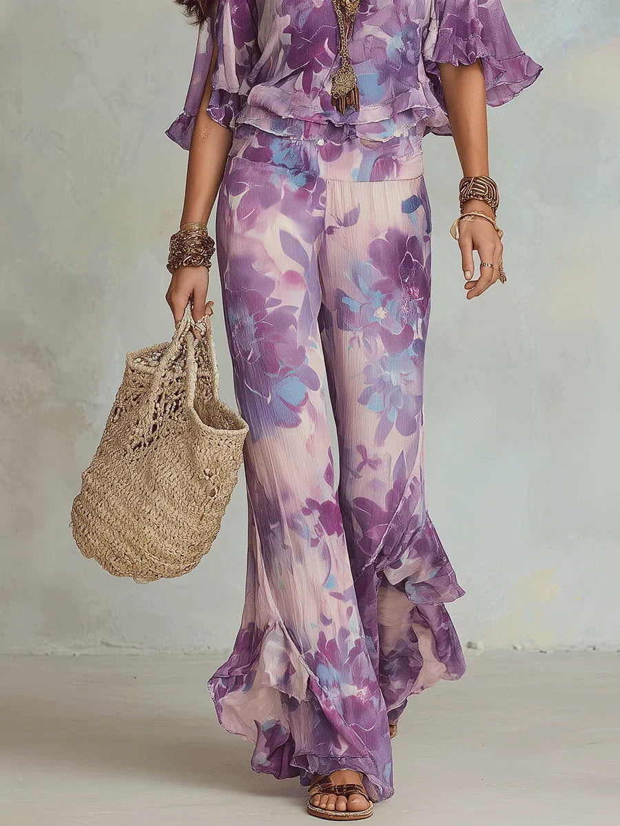 Brynora™ - Ensemble femme deux pièces floral top col V pantalon évasé volants