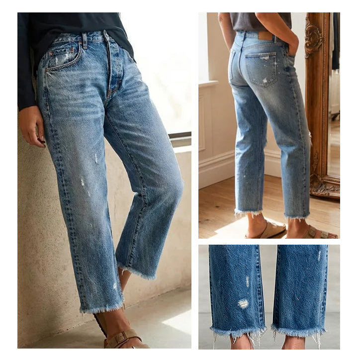 Cazira™ - Jean Femme Coupe Droite Cropped Denim Confort Moderne