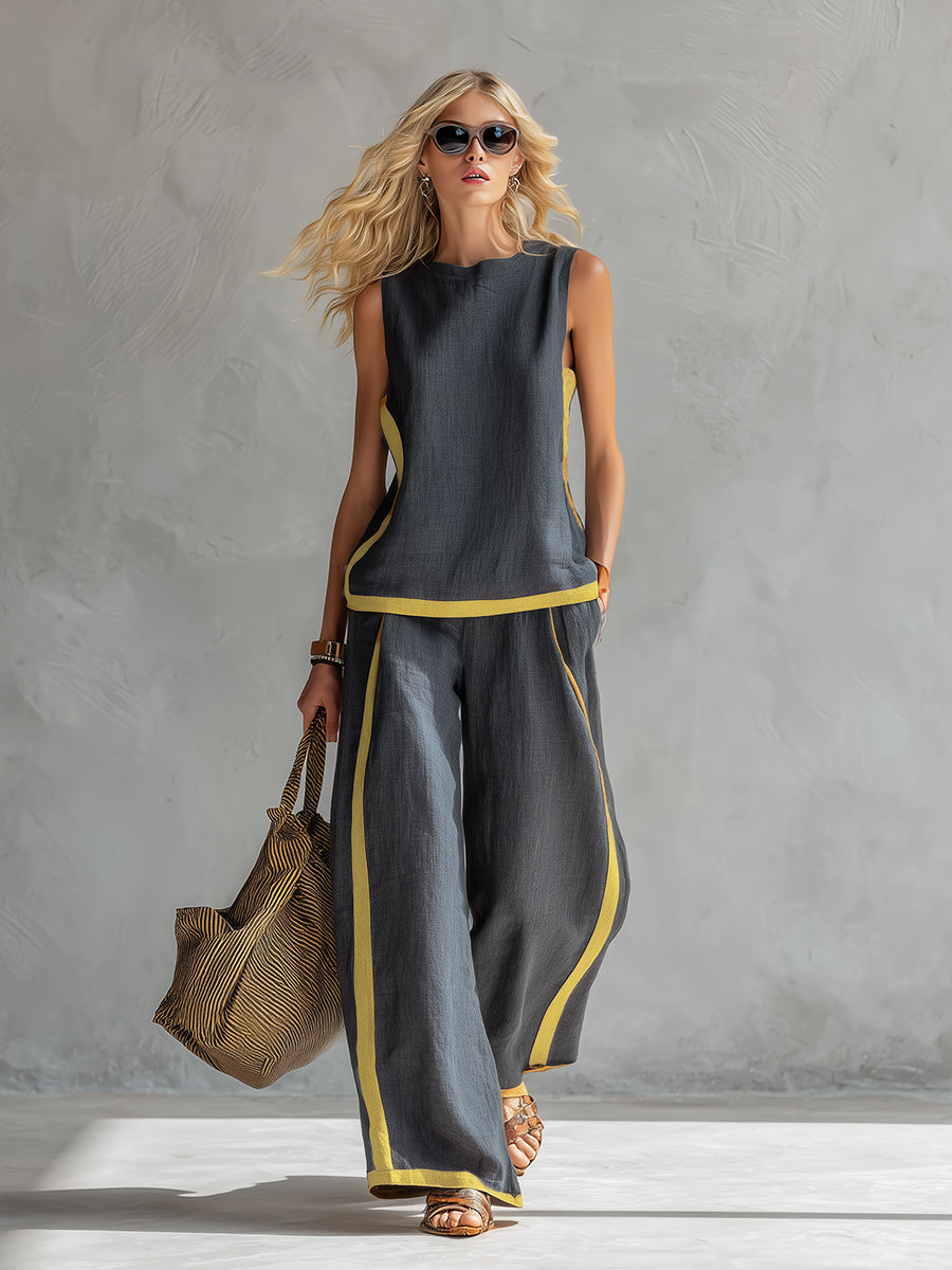 Tavindra™ - Ensemble Élégant Coton Lin Femme – Haut Sans Manches & Pantalon Large