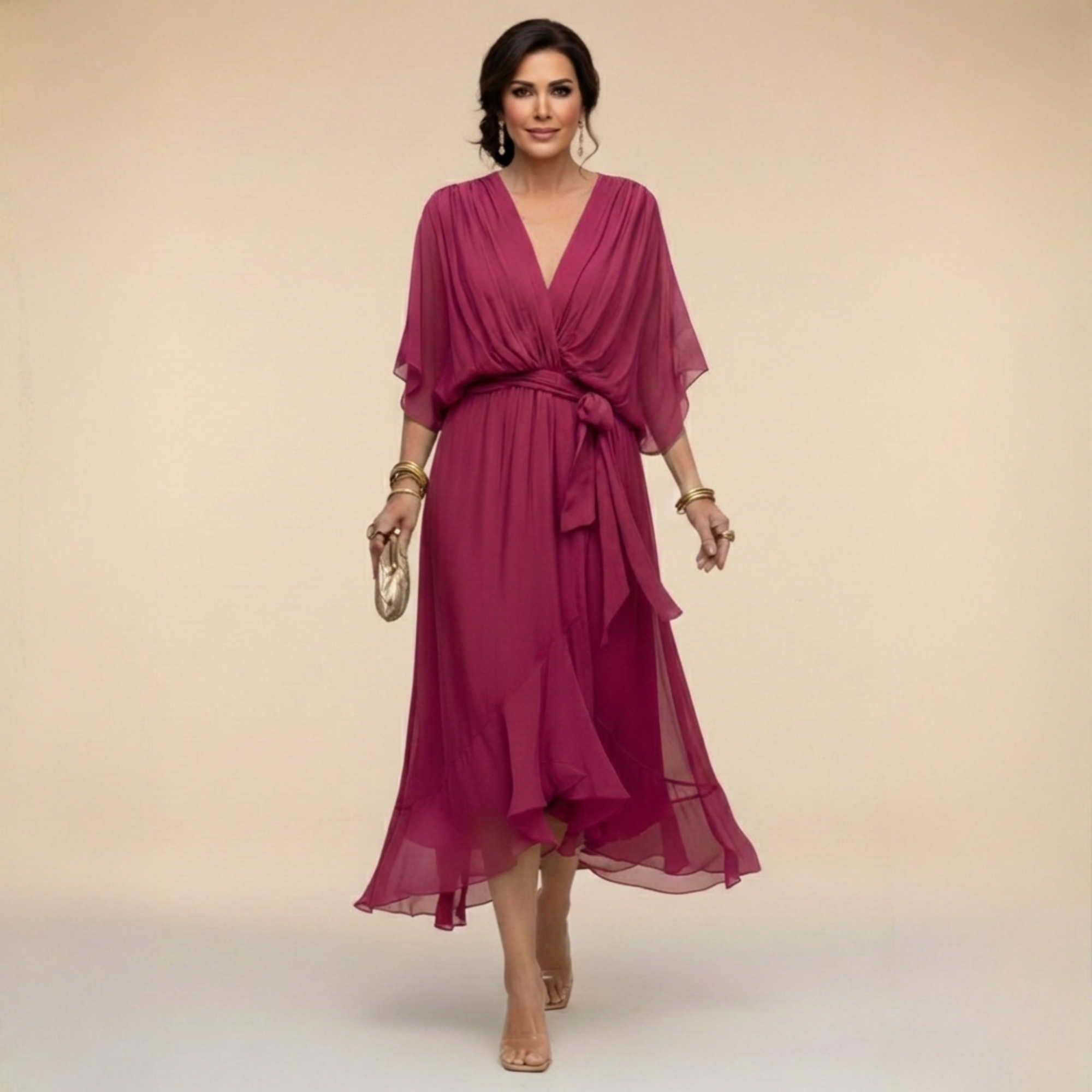 Lazira™ - Robe femme midi fluide col V manches amples ceinture élégante