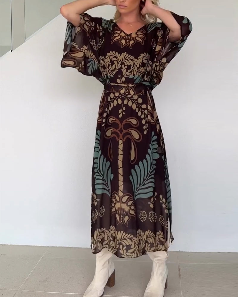 Praxellea™ - Robe bohème femme maxi ample col V imprimé feuilles élégant