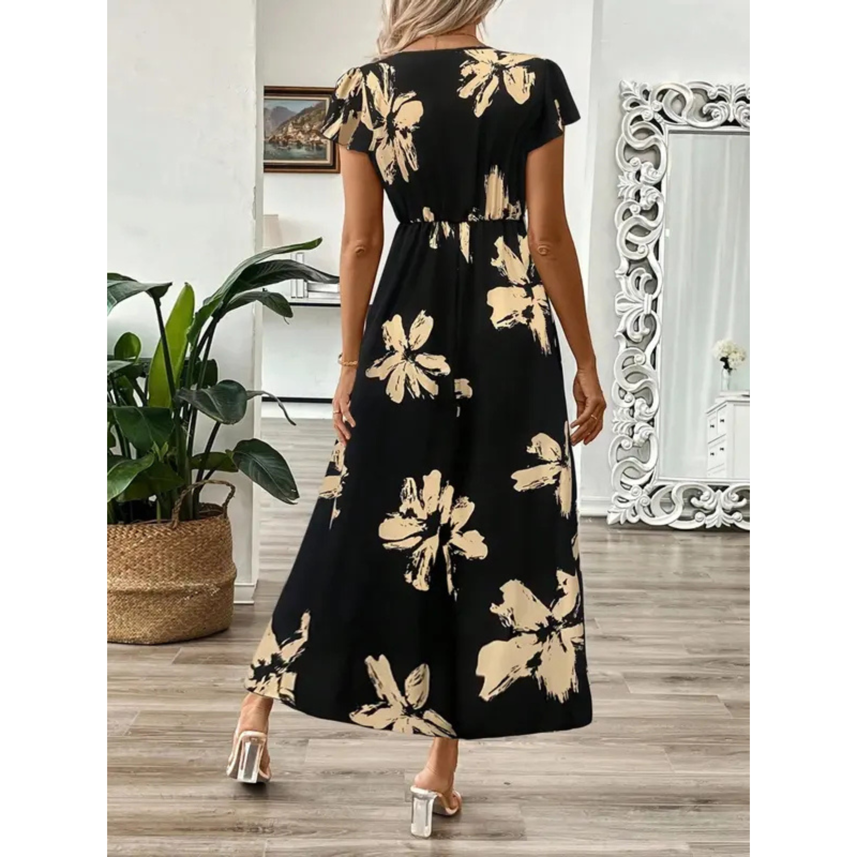 Korevyn™ - Robe maxi femme imprimé floral noir et beige élégante fluide