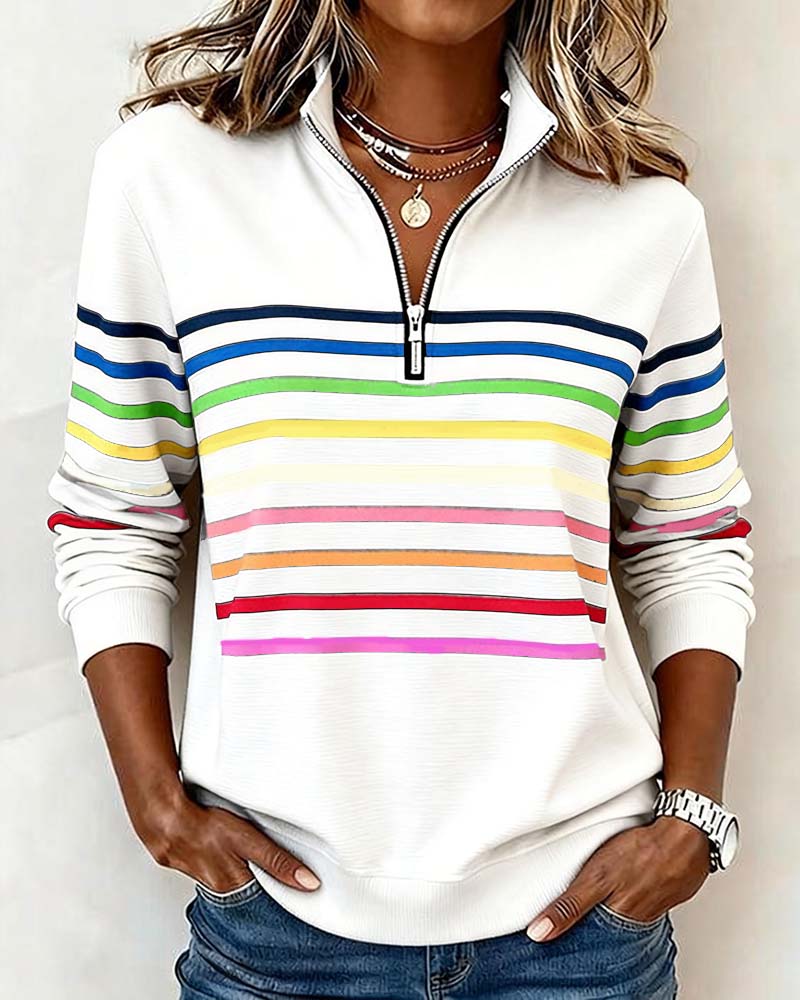 Isavelline™ - Sweat Zippé Décontracté à Rayures Colorées