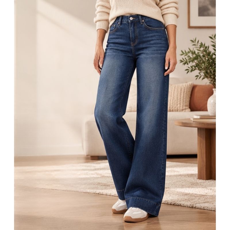 Azeline - Jean large femme à taille haute en denim style décontracté