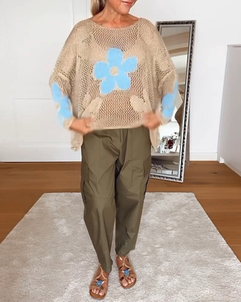 Sasha™ - Pull en maille fleurie à manches longues et ajourées