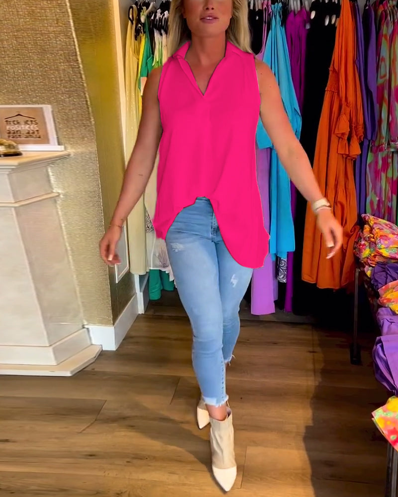 Tahliana™ - Top Sans Manches avec Volants Subtils et Revers Élégants