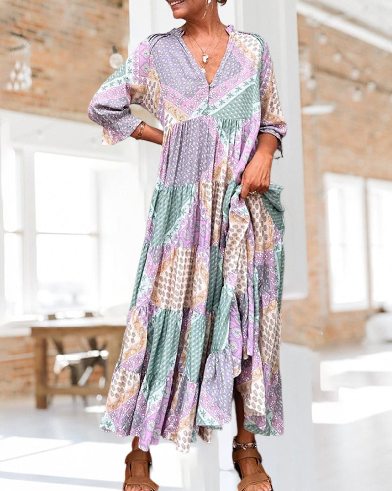 Quinna™ - Robe maxi colorée à imprimé color block et manches 3/4