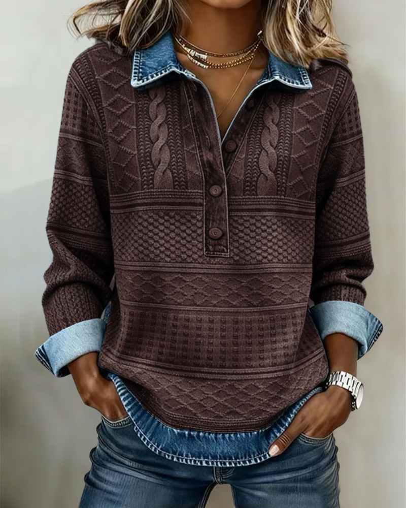 Gwenoriah - Pull Moderne à Demi-Boutonnage – Style Denim Chic