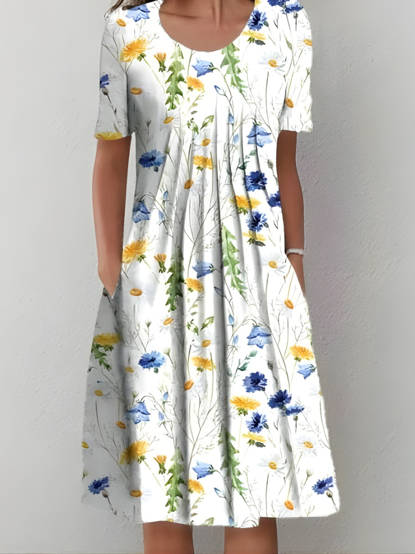 Aurexia™ - Robe Femme Florale Plissée Manches Courtes Coupe Fluide Élégante