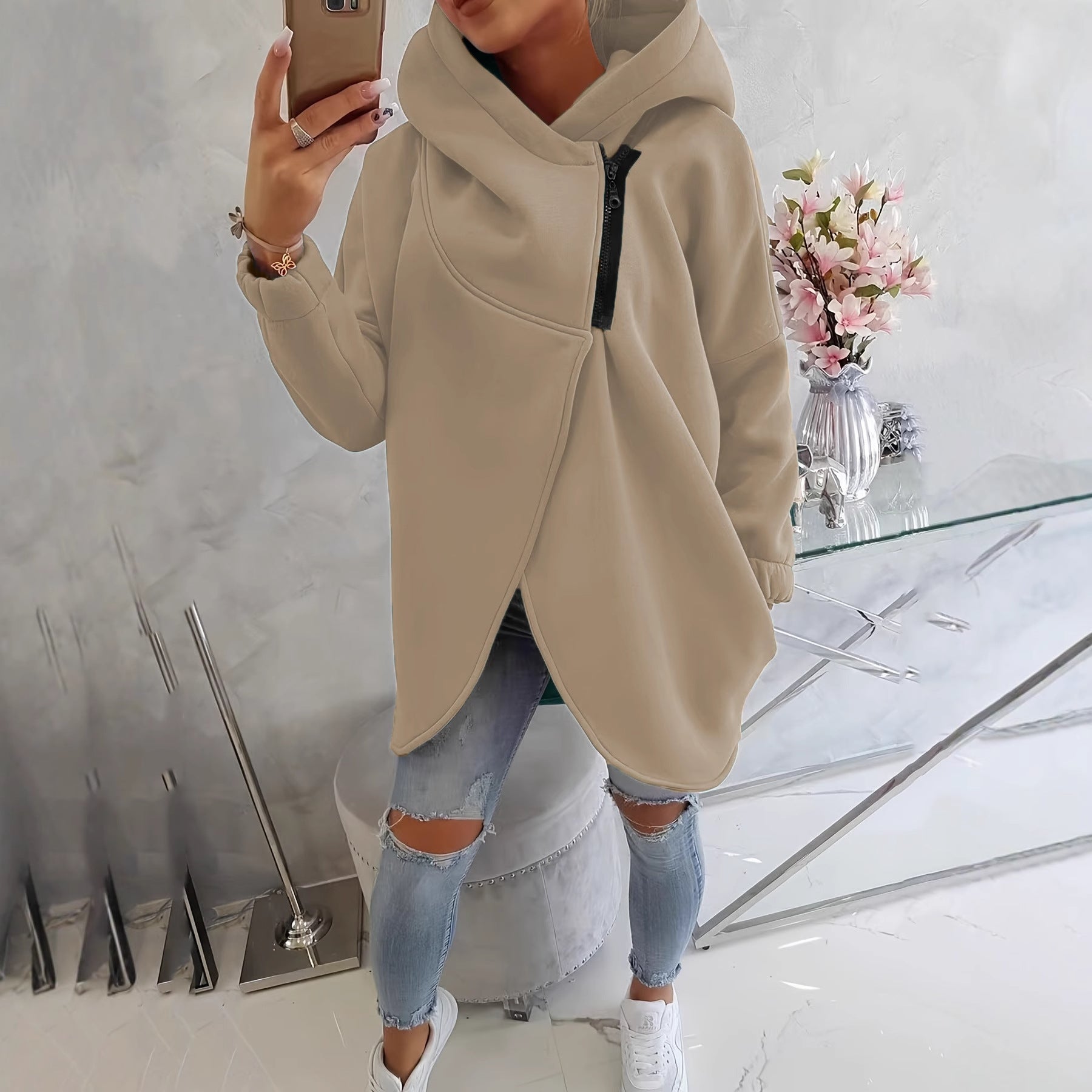 Quenlisse™ - Sweat à capuche zippé pour femme avec poches avant