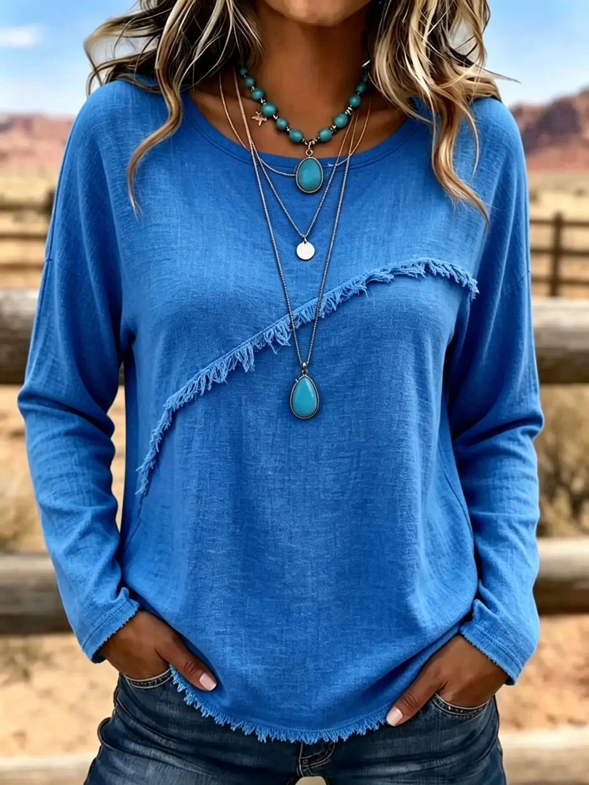 Elsemieke - Blouse femme vintage à col rond avec franges