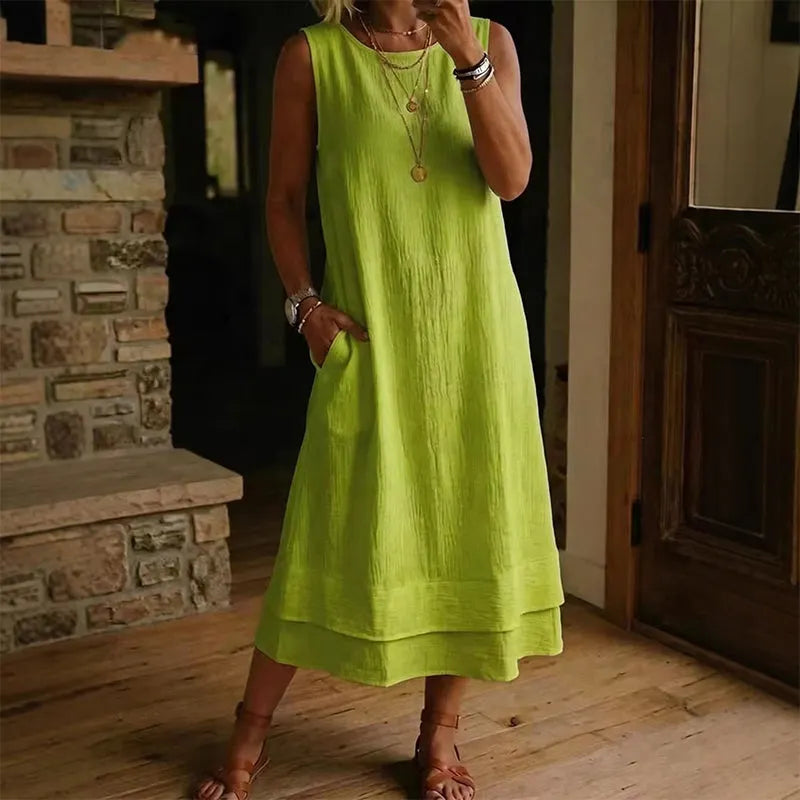 Riselia - Robe midi femme sans manches fluide à volants