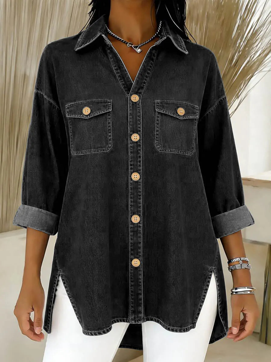 Cléa - Chemise longue femme en denim à coupe ample et poches poitrine