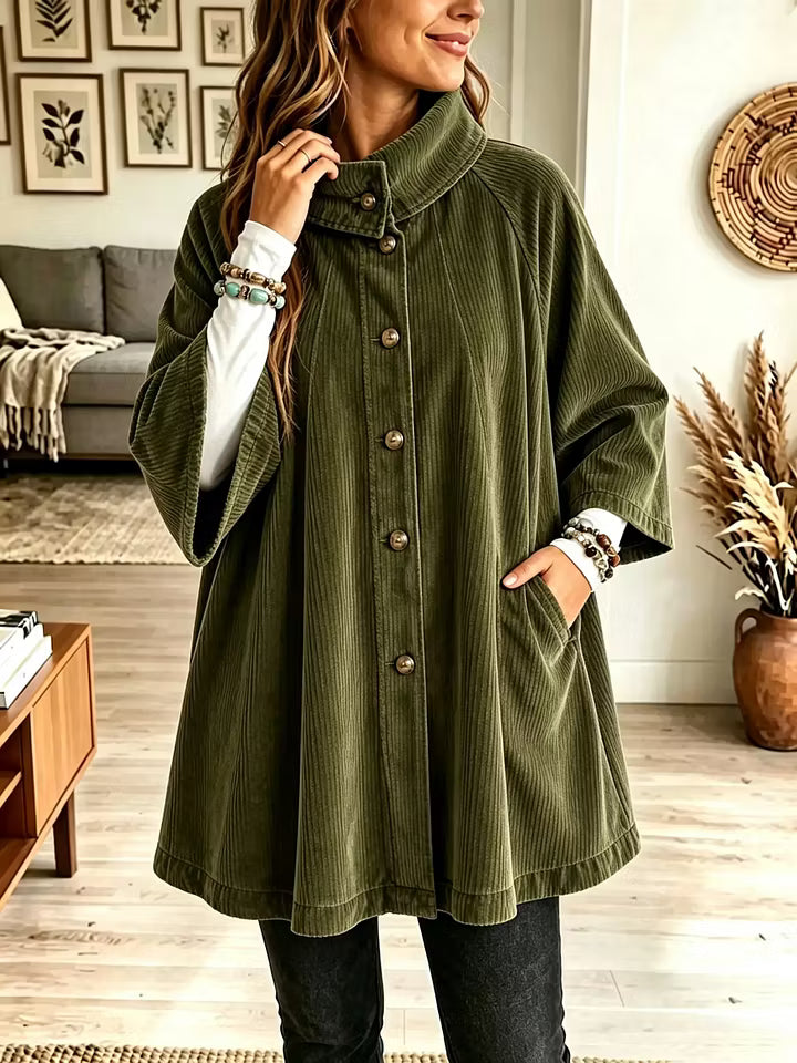 Titia - Manteau cape femme oversize en velours côtelé à col rabattu