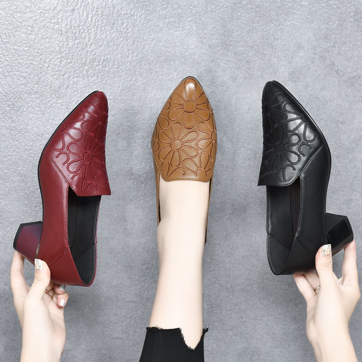 Doralyn™ - Escarpins en Cuir Véritable à Broderies Élégantes