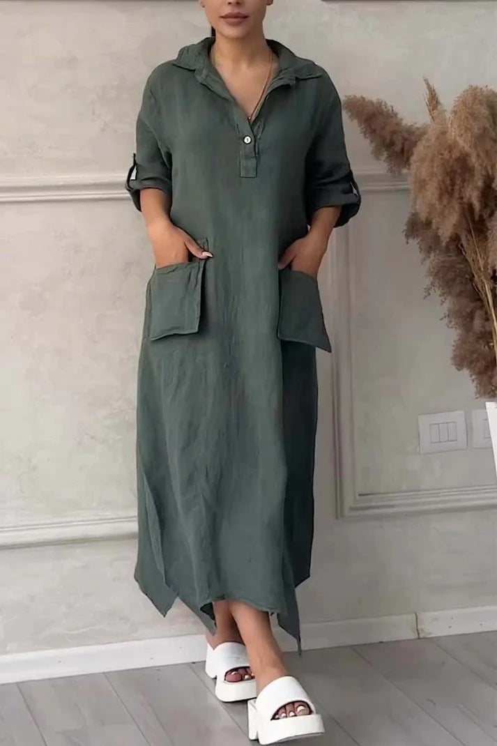 Leontine™ - Robe maxi femme en lin et coton avec revers