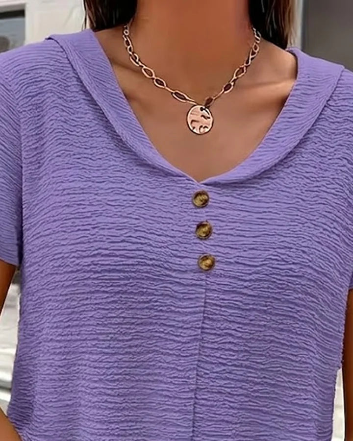 Syzelle™ - T-shirt femme col rond texturé manches courtes boutons décoratifs élégant