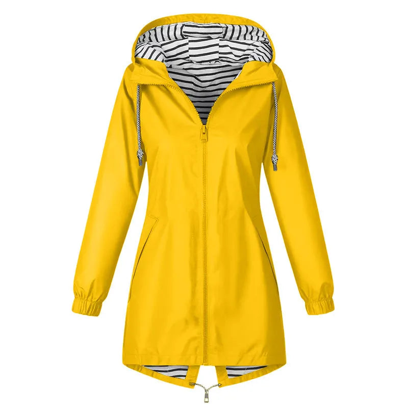 Yolaine - Imperméable femme long à capuche avec doublure rayée