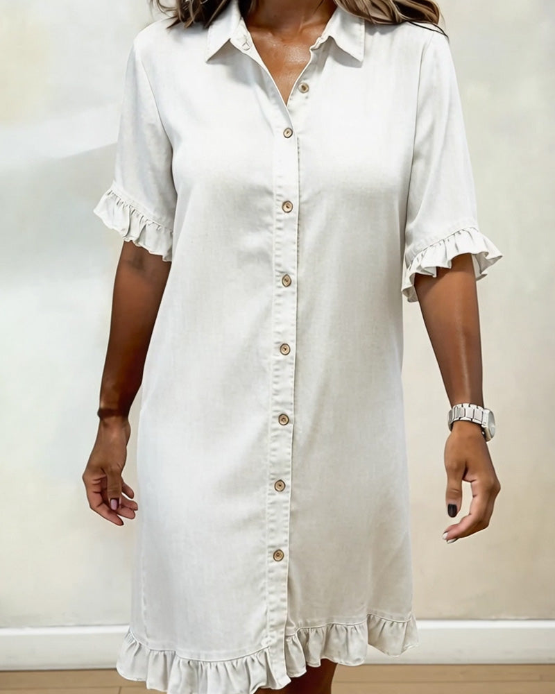 Glytha™ - Robe Femme Denim Boutonnée Manches Volants Coupe Droite Décontractée