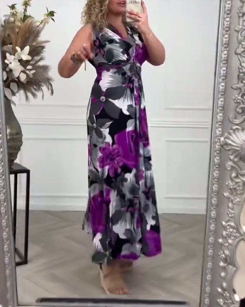 Sacha™ - Robe élégante sans manches à imprimé floral plissé