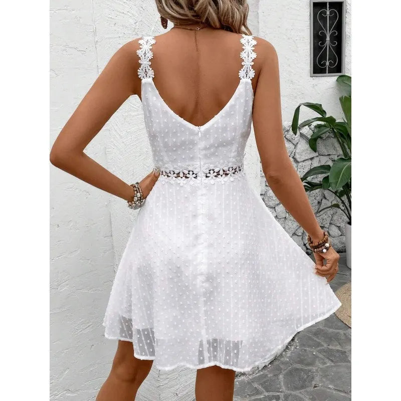 Lysa - Robe mini blanche femme à pois plumetis avec bretelles en dentelle