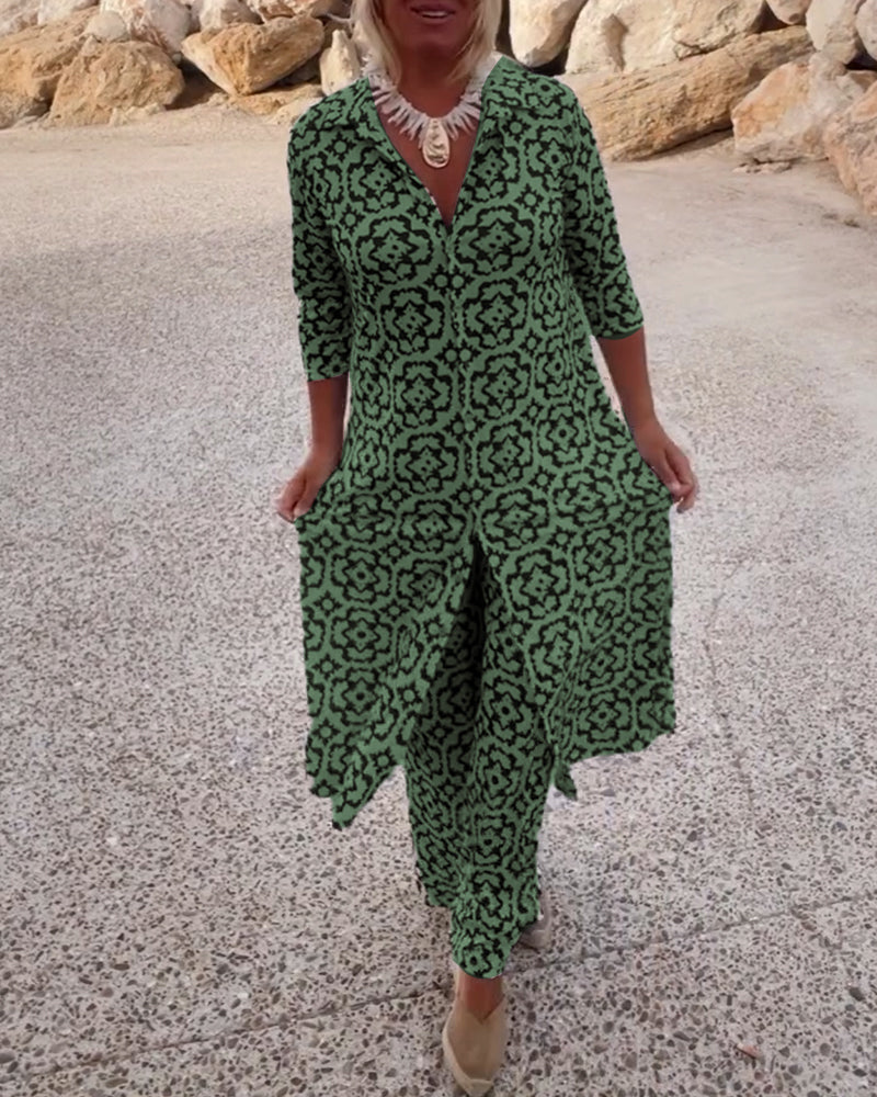 Livia™ - Ensemble Vintage Imprimé avec Revers et Boutons