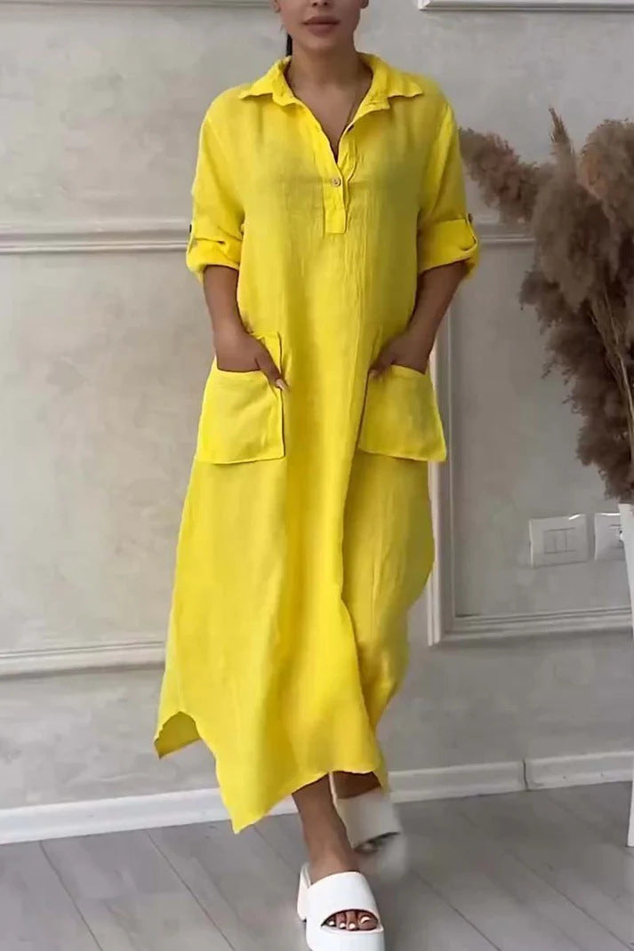 Leontine™ - Robe maxi femme en lin et coton avec revers
