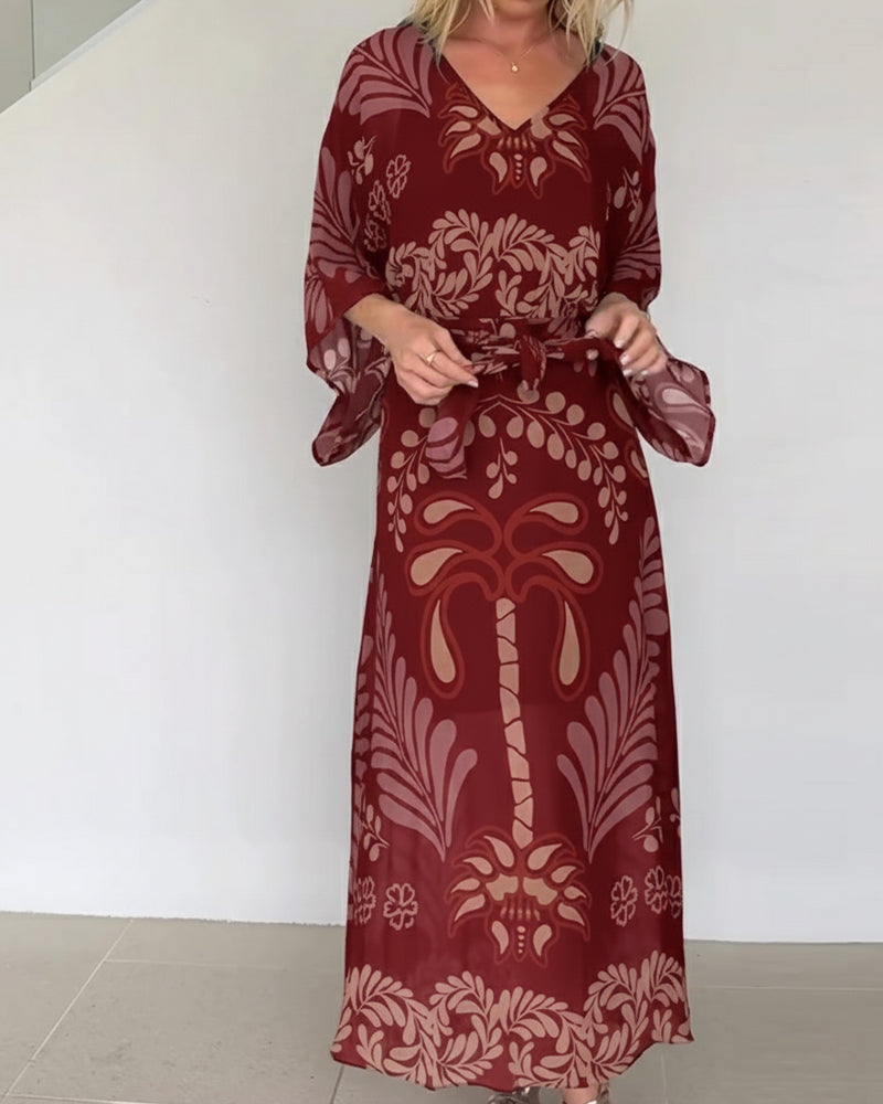 Praxellea™ - Robe bohème femme maxi ample col V imprimé feuilles élégant