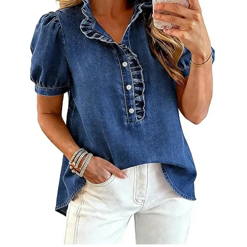 Caelith - Haut femme en denim avec col volanté