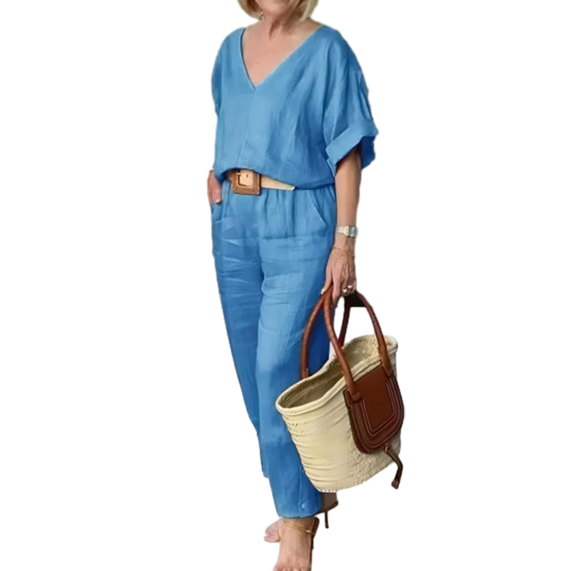 Loxaria™ - Ensemble femme haut col V pantalon poches style décontracté