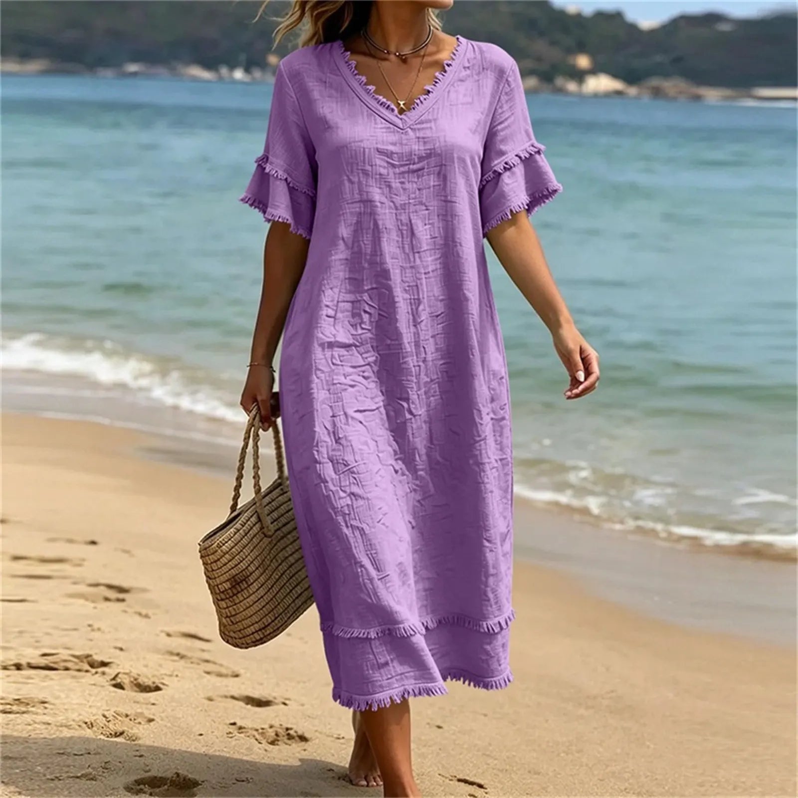 Naelle - Robe femme col V à franges style bohème
