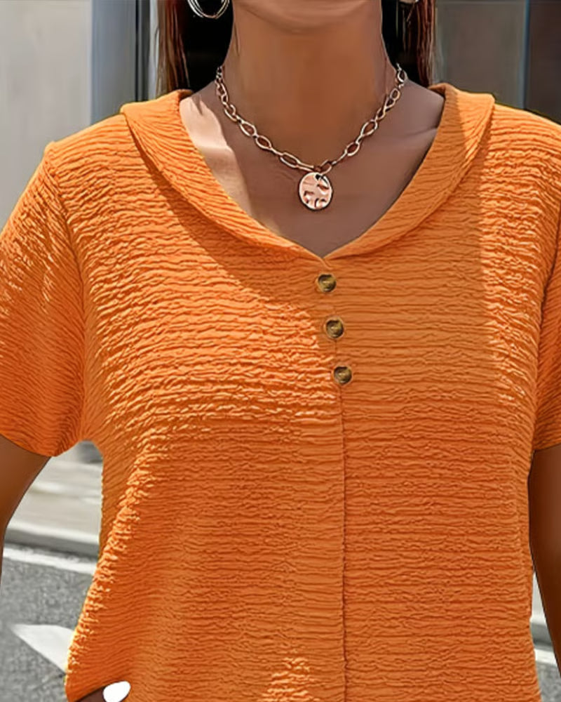Syzelle™ - T-shirt femme col rond texturé manches courtes boutons décoratifs élégant
