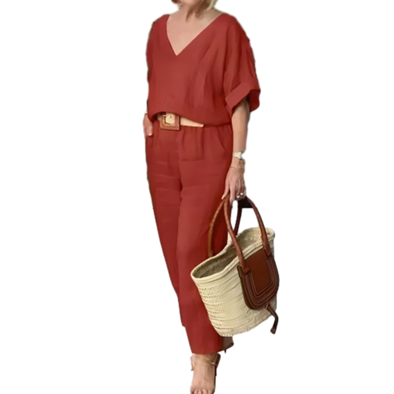 Loxaria™ - Ensemble femme haut col V pantalon poches style décontracté