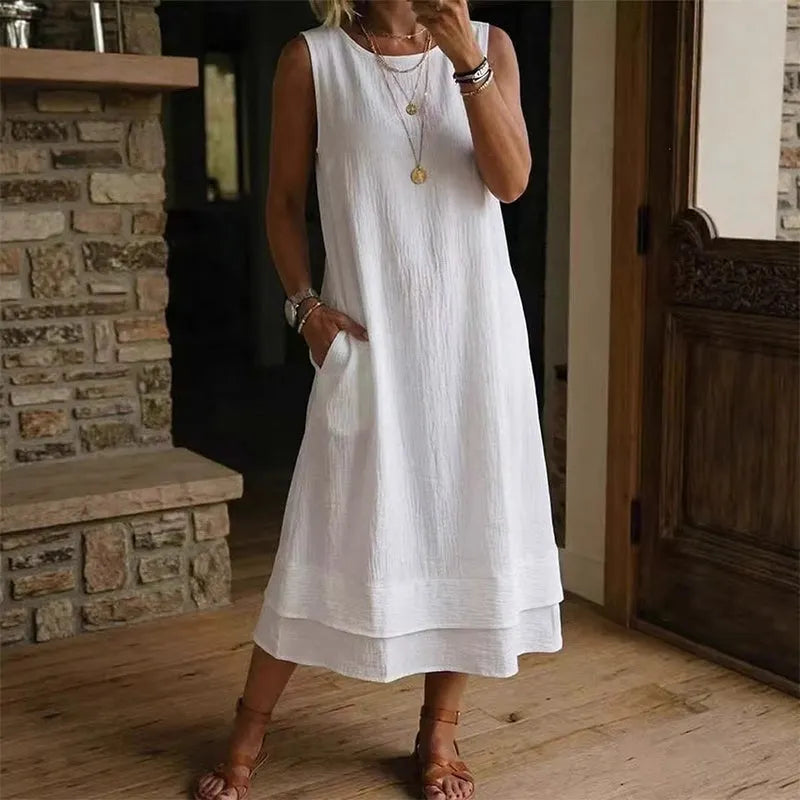 Riselia - Robe midi femme sans manches fluide à volants