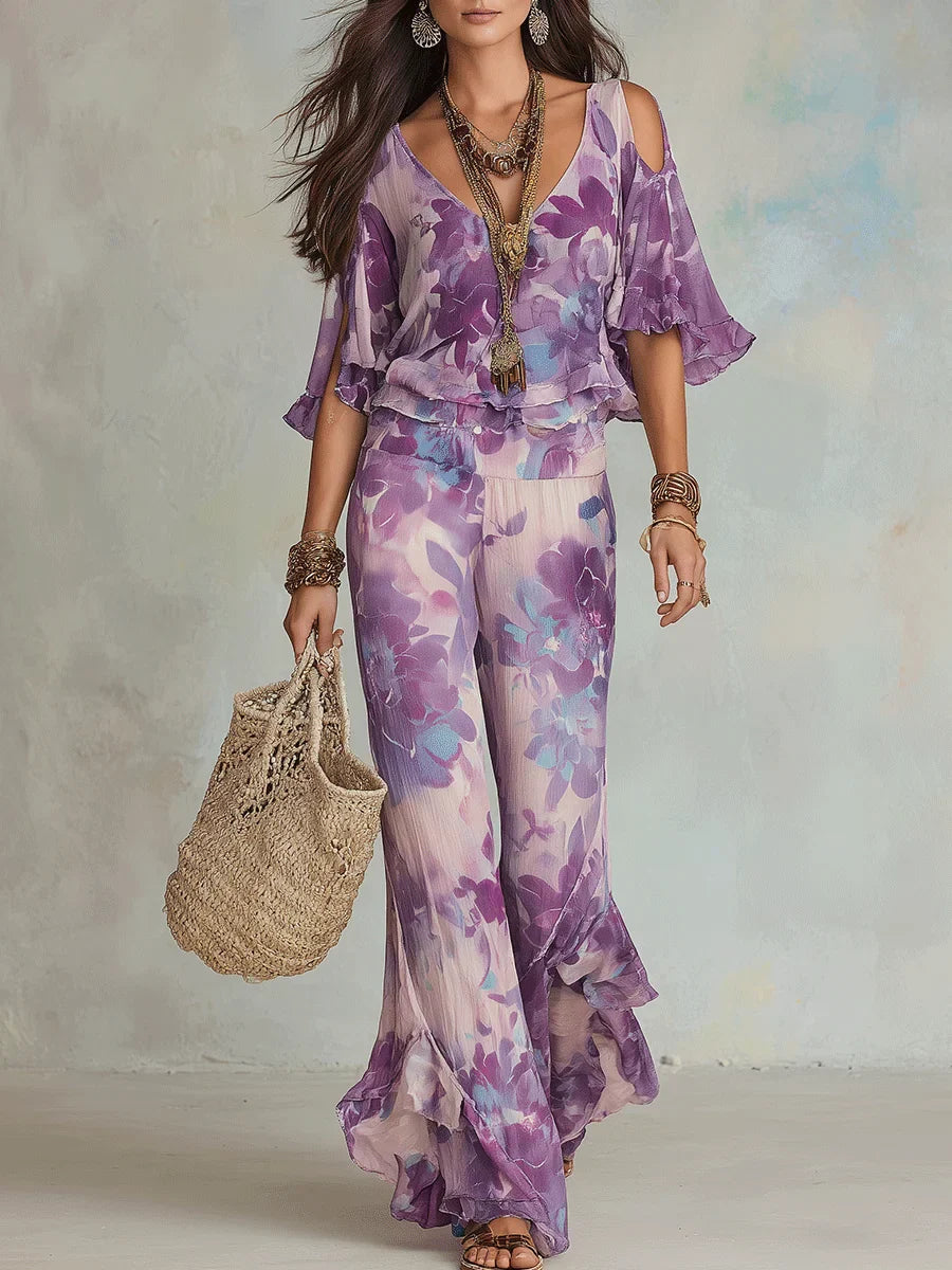 Brynora™ - Ensemble femme deux pièces floral top col V pantalon évasé volants