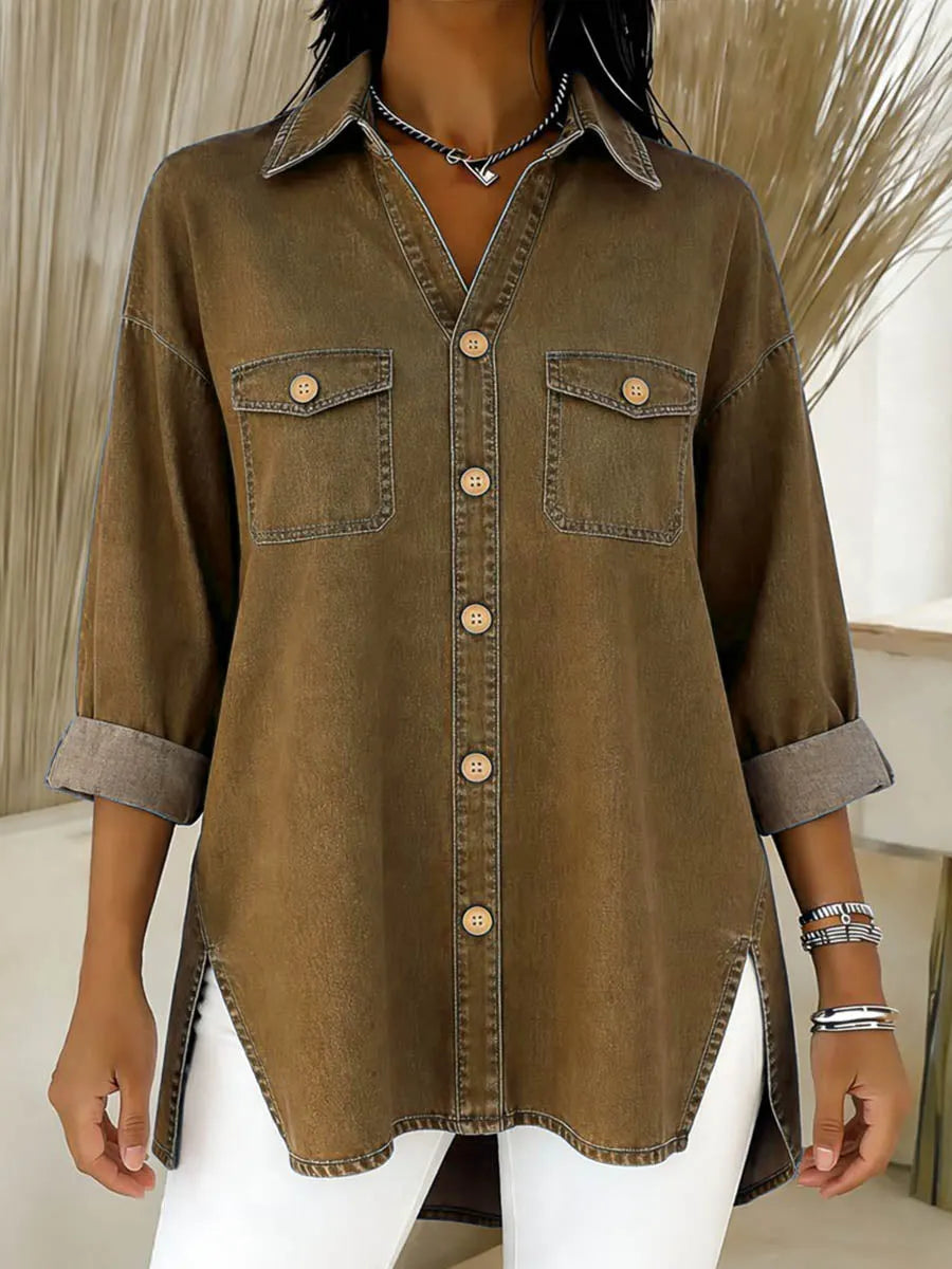 Cléa - Chemise longue femme en denim à coupe ample et poches poitrine