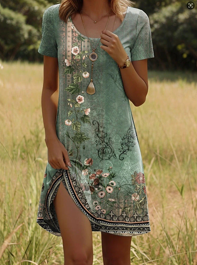 Nivara™ - Robe à Col Rond avec Imprimé Indien à Manches Courtes