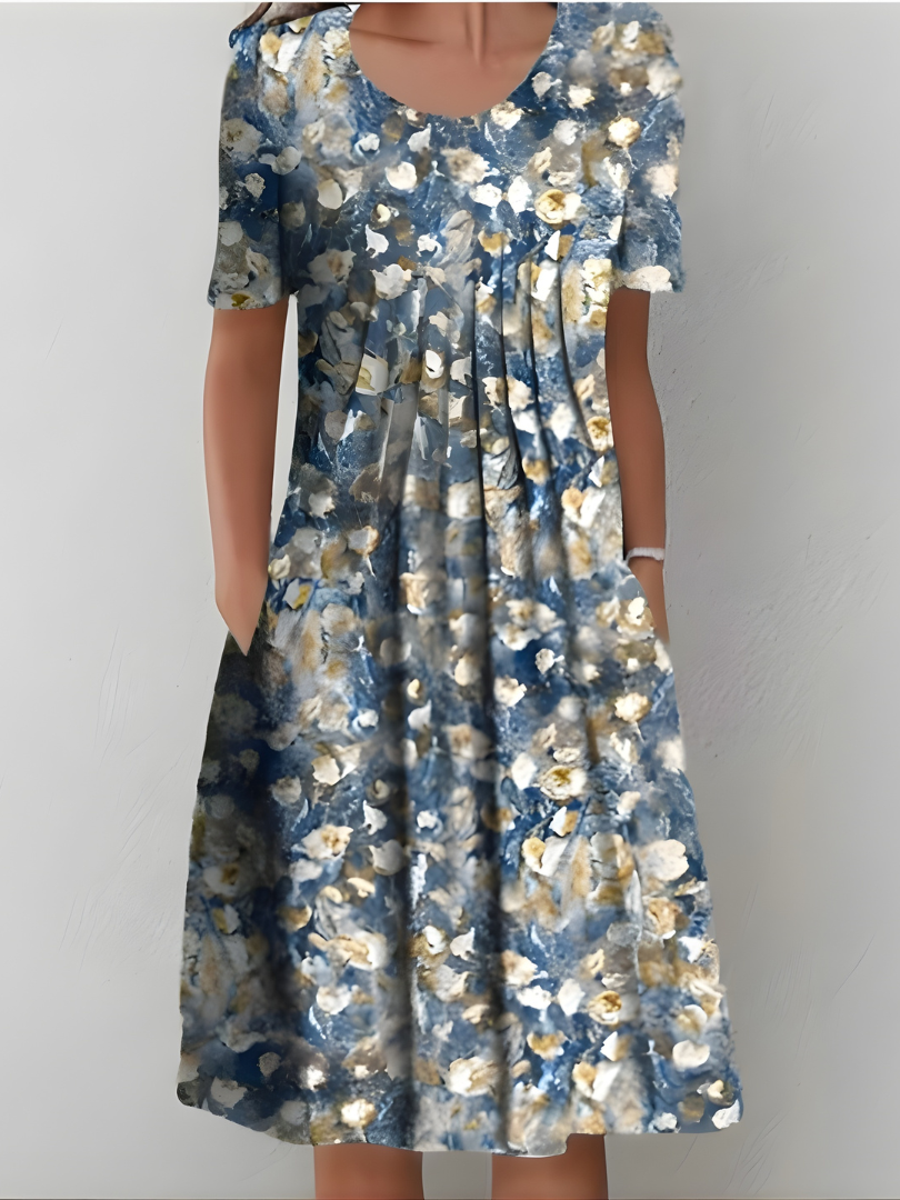 Aurexia™ - Robe Femme Florale Plissée Manches Courtes Coupe Fluide Élégante