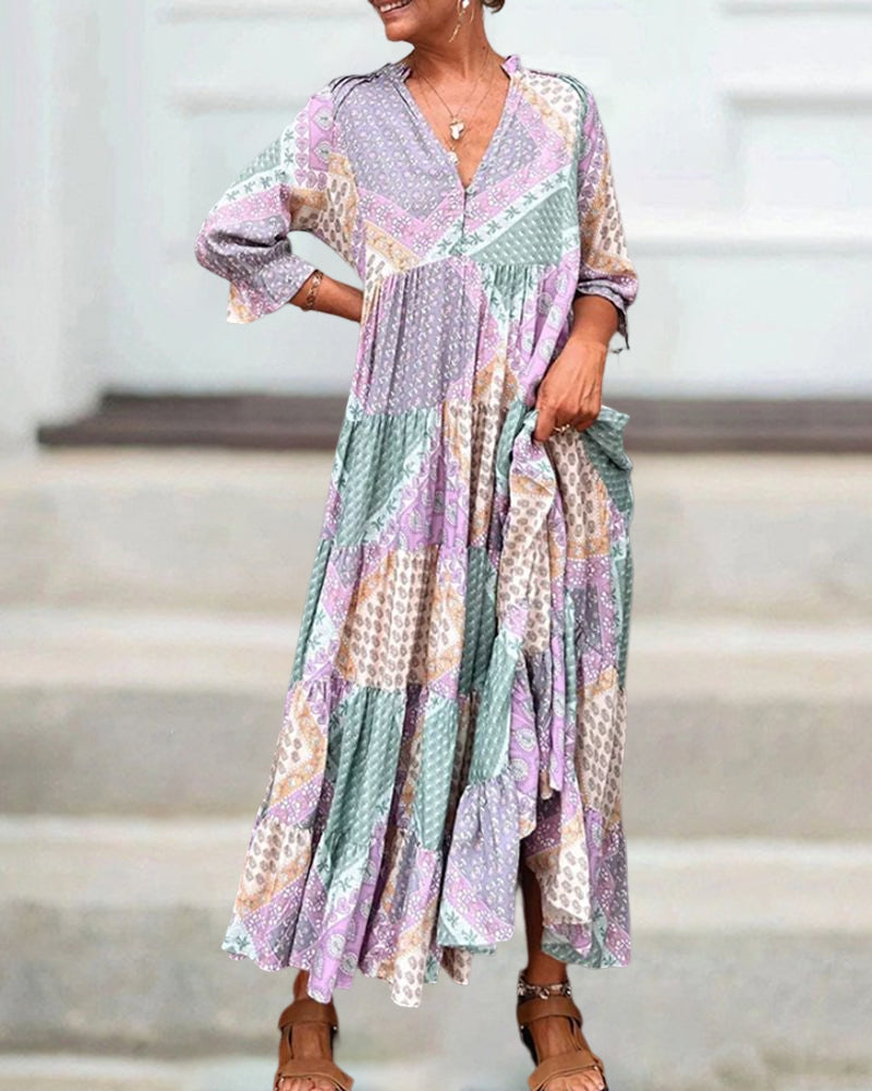 Quinna™ - Robe maxi colorée à imprimé color block et manches 3/4