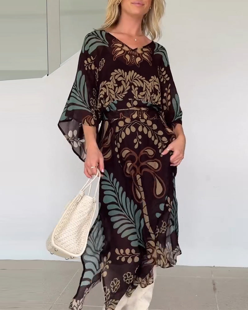 Praxellea™ - Robe bohème femme maxi ample col V imprimé feuilles élégant