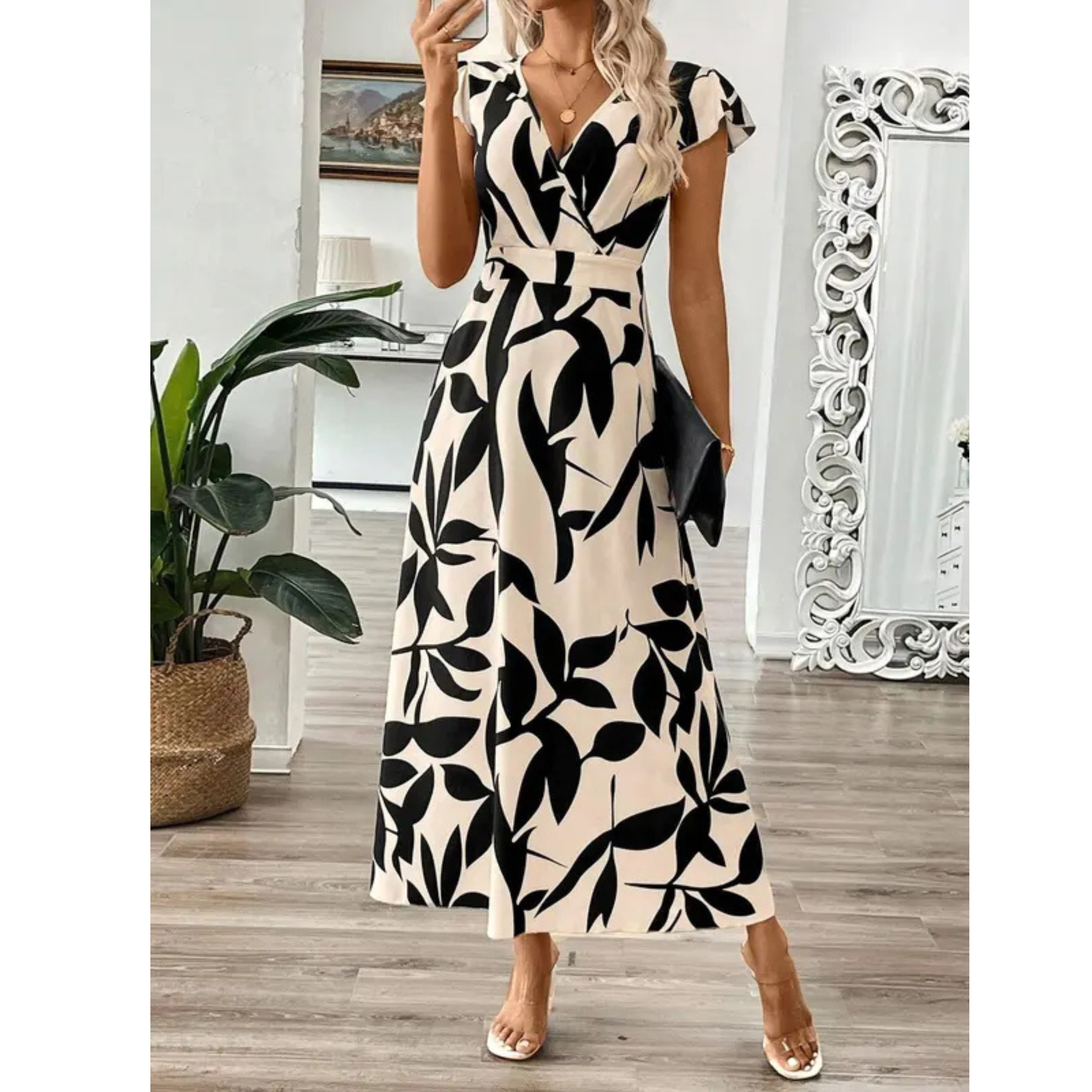 Korevyn™ - Robe maxi femme imprimé floral noir et beige élégante fluide