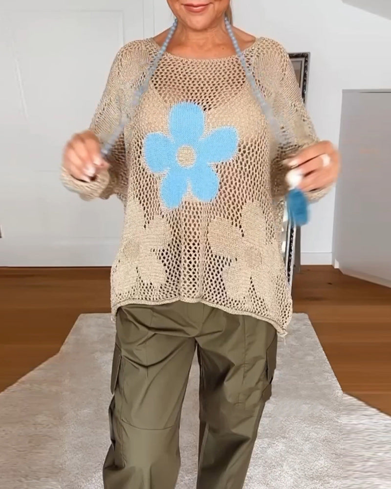 Sasha™ - Pull en maille fleurie à manches longues et ajourées