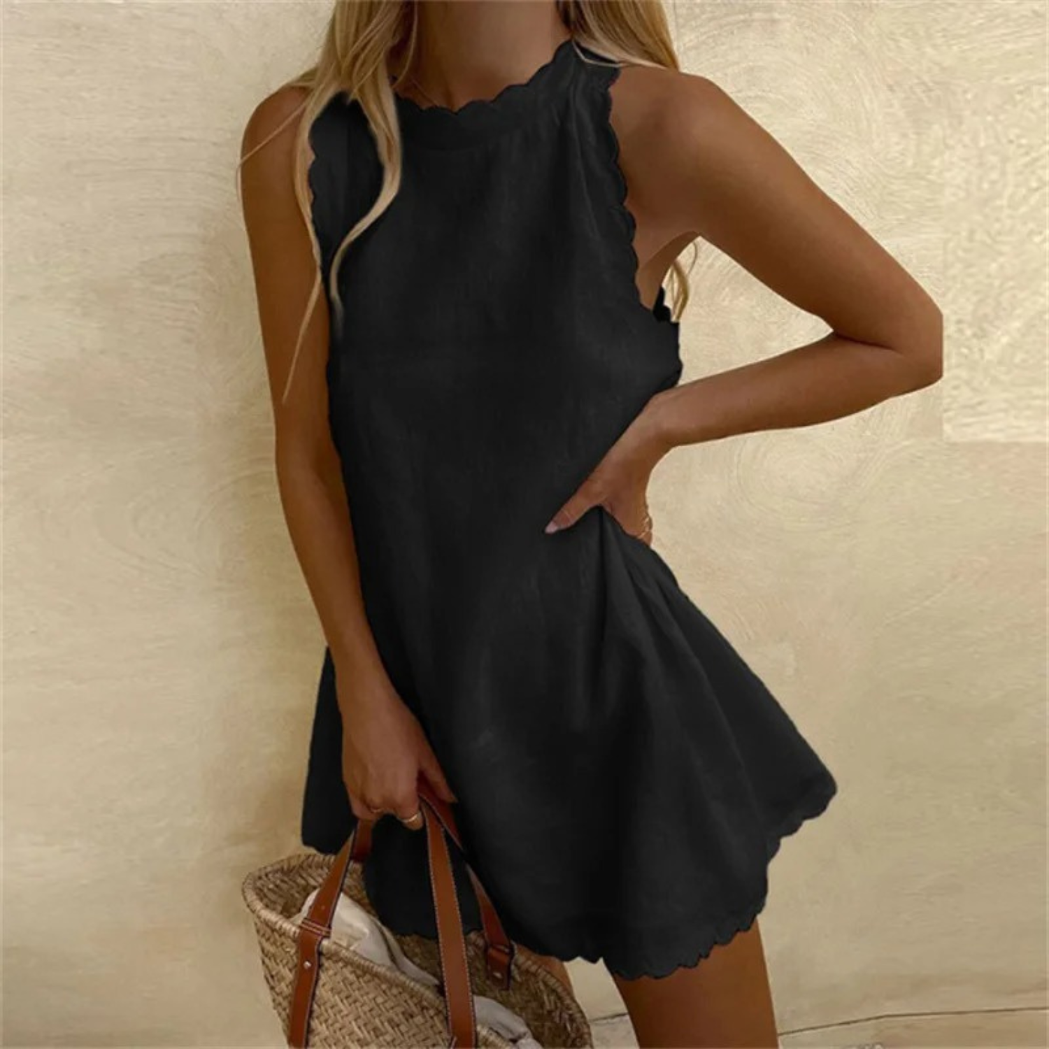 Caliora - Robe courte femme en lin sans manches à finitions festonnées