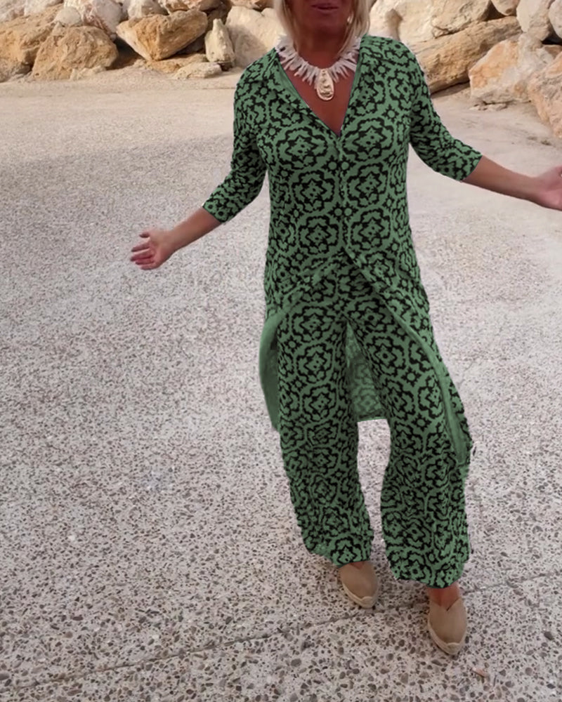 Livia™ - Ensemble Vintage Imprimé avec Revers et Boutons