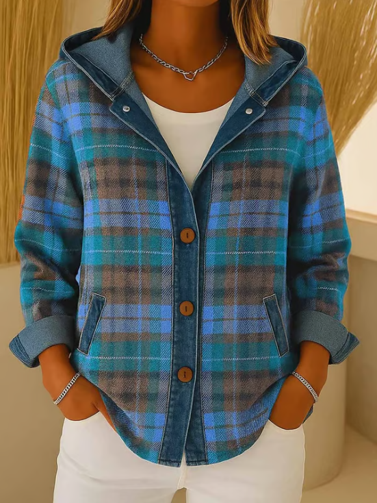 Nadrina™ - Veste en Jean à Capuche et Motif à Carreaux Contrastés