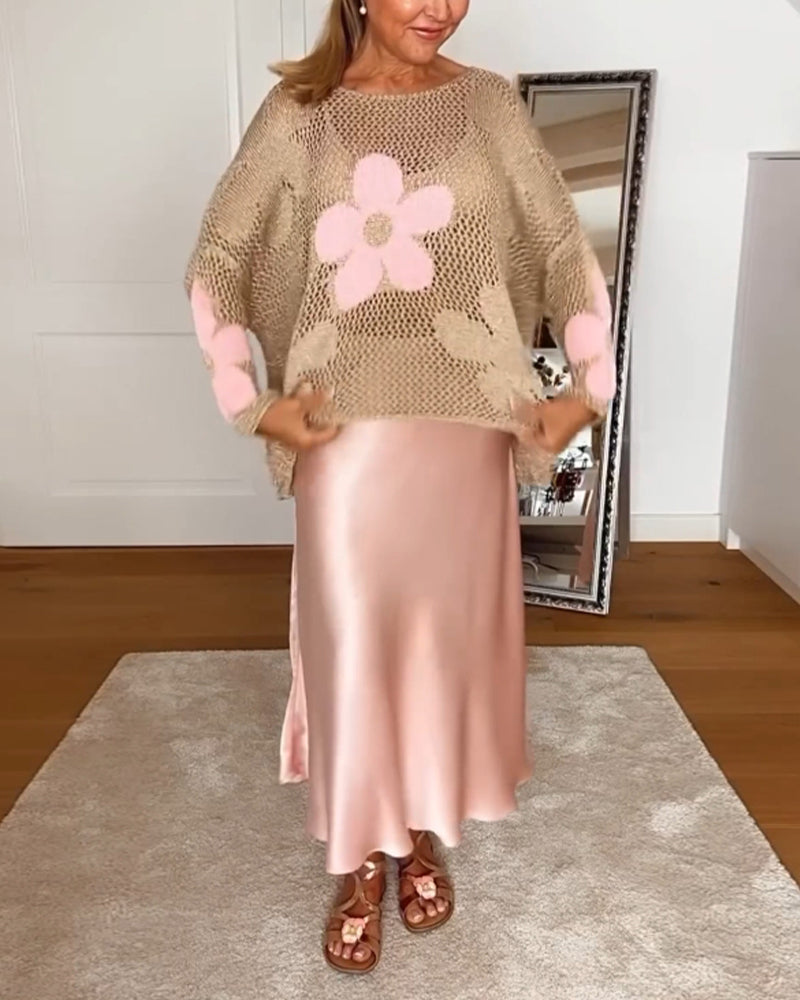 Sasha™ - Pull en maille fleurie à manches longues et ajourées